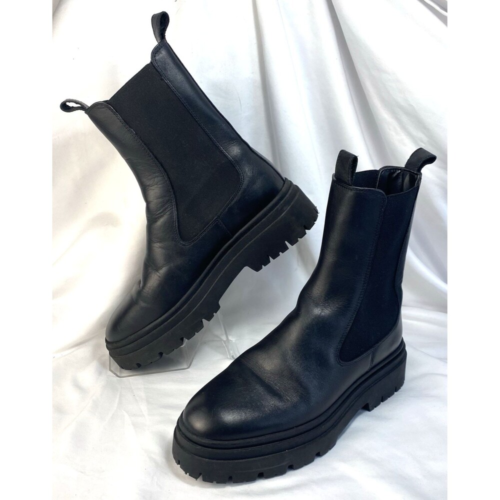 ZARA Chelsea Mid-Calf Boots Women's 39 Us 8 Black Leather Chunky Lug Sole Goth